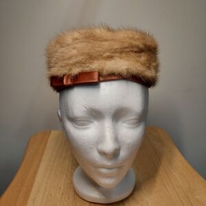 Vintage 1960s "Christine Original" Mink Fur Pillbox Hat with Satin Trim